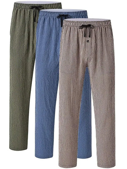 3Pcs Men's 100% Cotton Plaid Pajama Sleeping Pants, Long Plaid Print Sleepwear Pajama Pants with Elastic Waist Homewear