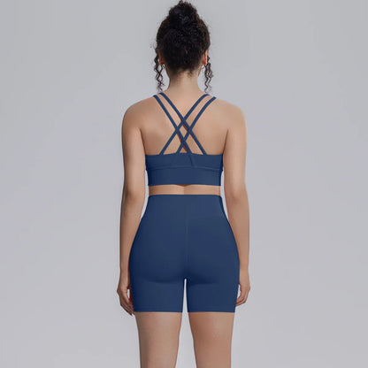 2PCS/set Yoga Set Summer Breathable Running Cycling Backless Sports Bra High Waist Peach Buttocks Fitness Shorts Gym Yoga Set