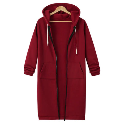 Autumn Winter Women's Hooded Long Sleeve Mid-Length Sweatshirt Fleece Jacket Comfortable Casual Style Polyester Fabric