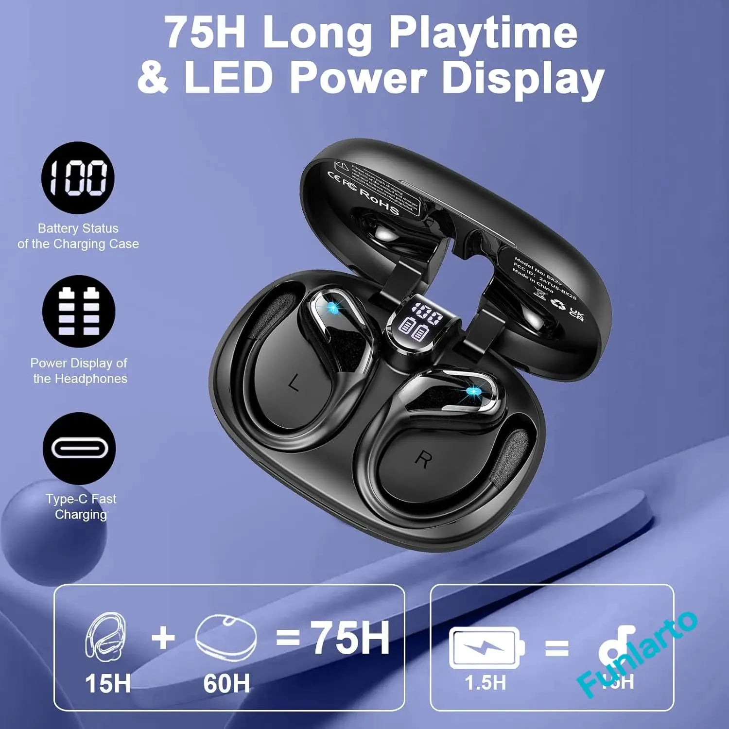 Deep Bass Wireless Headphones Earbuds Bluetooth 5.3 TWS Earphones in-Ear LED Display Waterproof Earphones for Work Gym Sports