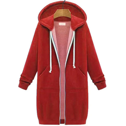 Autumn Winter Women's Hooded Long Sleeve Mid-Length Sweatshirt Fleece Jacket Comfortable Casual Style Polyester Fabric