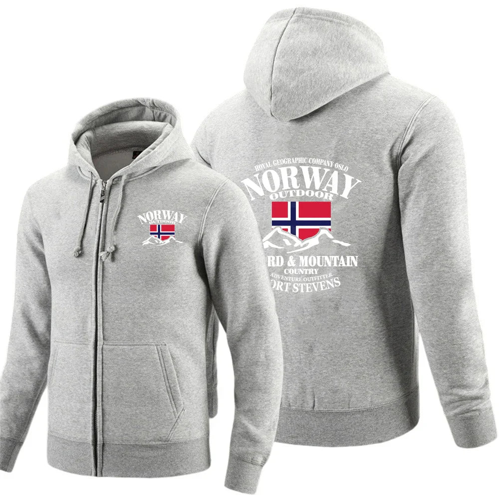 2025 New Spring And Autumn Norway Flag Fjord Mountain Men's Solid Color Zipper Pullover Warm Long-sleeved Comfortable Caot