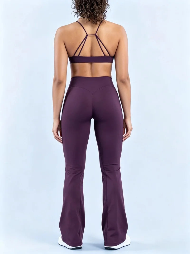 2Pcs Yoga Set Seamless Women Twist Front Sports Bra and Vision Flares Leggings Sets Scrunch Butt Cross Waist Gym Flare Pants Set