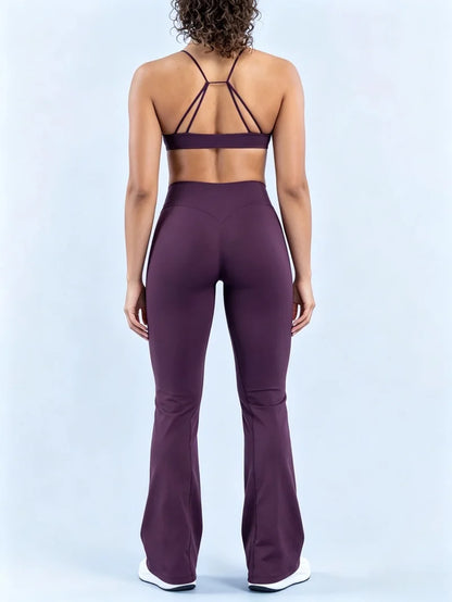 2Pcs Yoga Set Seamless Women Twist Front Sports Bra and Vision Flares Leggings Sets Scrunch Butt Cross Waist Gym Flare Pants Set