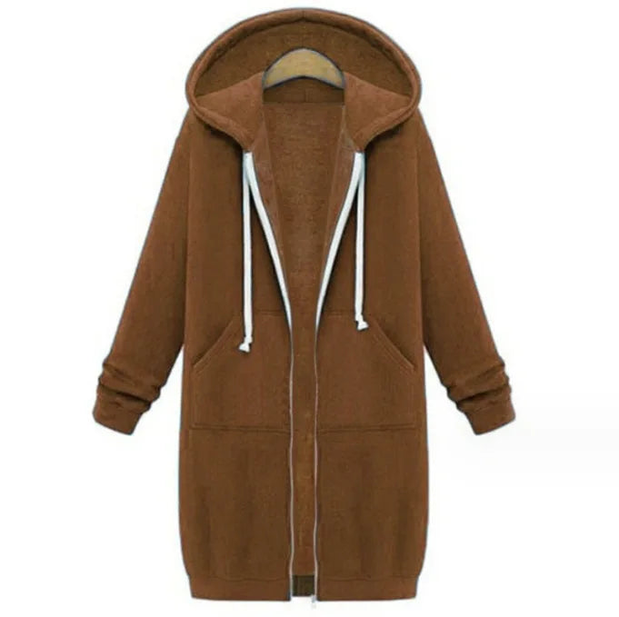 Autumn Winter Women's Hooded Long Sleeve Mid-Length Sweatshirt Fleece Jacket Comfortable Casual Style Polyester Fabric