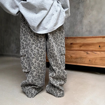 Boys Girls Spring Autumn Cargo Pants 2025 New Fashion Casual Daily Leopard Print Long Trousers for 2-11Y Kids
