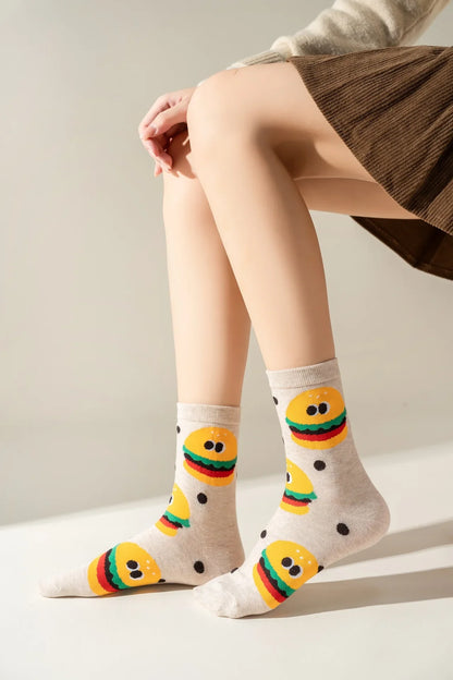 1/5 Pairs Burger Fries Fried Egg Donut Cute Cartoon Anime Breathable Fashion Mid-Calf Socks Unisex