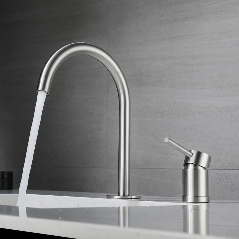 304 Stainless Steel Widespread Bathroom Basin Faucet Hot and Cold Mixed Water Wash Basin Faucet Deck Mounted Nickel /Black