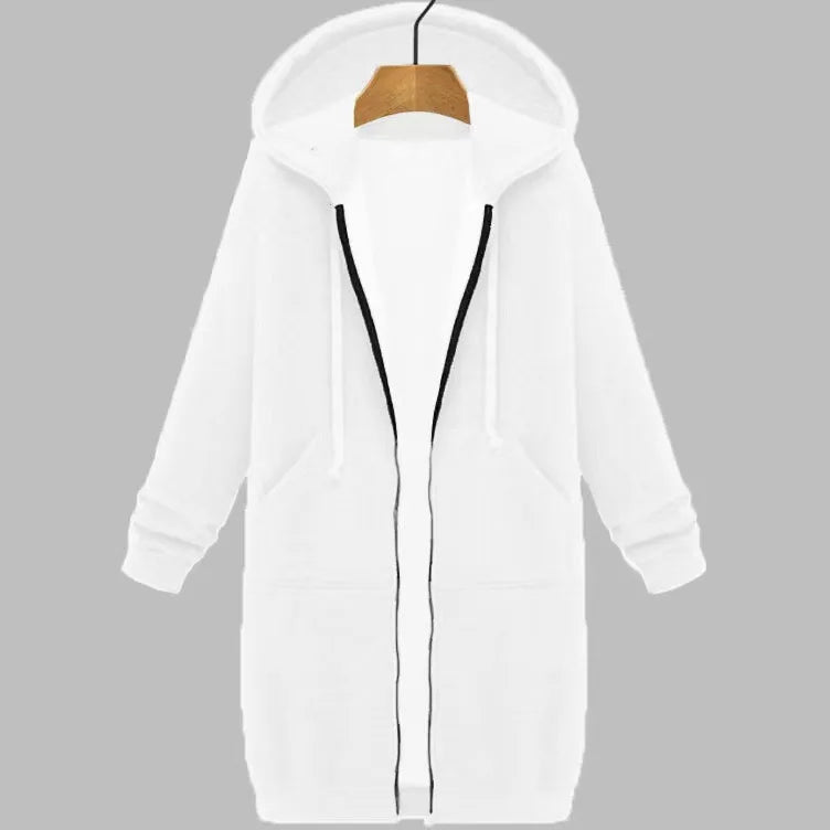 Autumn Winter Women's Hooded Long Sleeve Mid-Length Sweatshirt Fleece Jacket Comfortable Casual Style Polyester Fabric