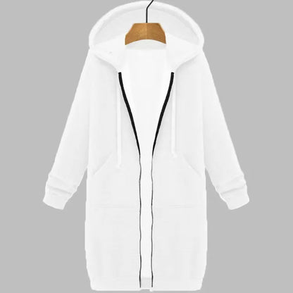 Autumn Winter Women's Hooded Long Sleeve Mid-Length Sweatshirt Fleece Jacket Comfortable Casual Style Polyester Fabric