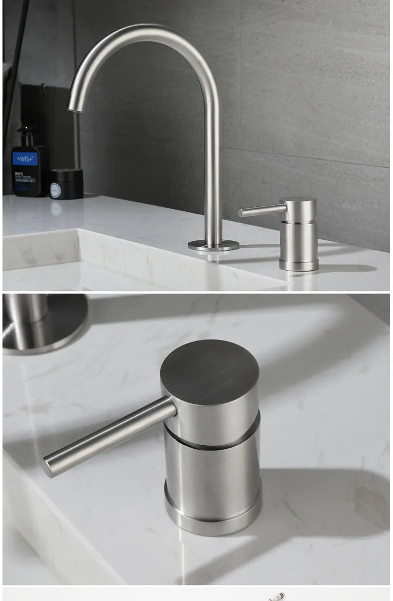 304 Stainless Steel Widespread Bathroom Basin Faucet Hot and Cold Mixed Water Wash Basin Faucet Deck Mounted Nickel /Black