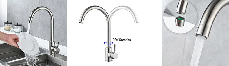 304 Stainless Steel Kitchen Faucet  Hot and Cold Water Mixer  360 degree rotation Basin installation Comes with 60cm hose