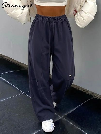 Blue Straight Pants For Women Elastic Wiast Jogger Quick-dry Sweatpants Baggy Embroidery Trousers Ladies Wide Leg Sport Pants