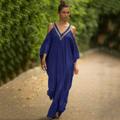 2026 New Black Gold Beaded Cold Shoulder Kaftan Maxi Dress V Neck Batwing Loose Side Slit Beach Cover Up Caftan Women Long Dress