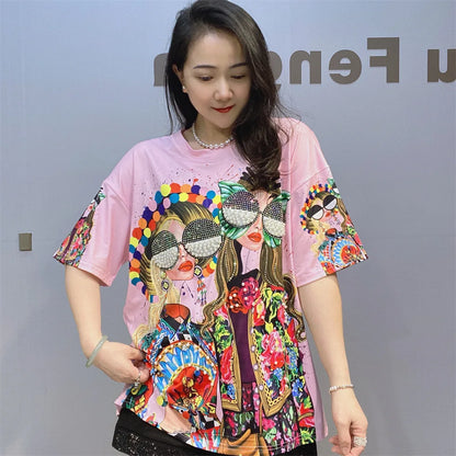 Colorful Fashion Printed T Shirts Women Summer Clothes Casual Character Diamonds Beading Short Sleeve Tops Tee Женская Одежда