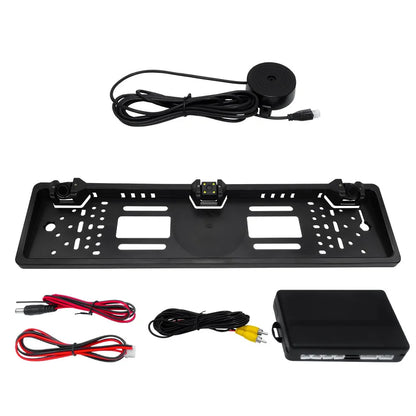 Car Camera 3in1  Parking Sensor European License Plate Frame Backup 4 LED Waterproof  Rear View Reversing Radar System