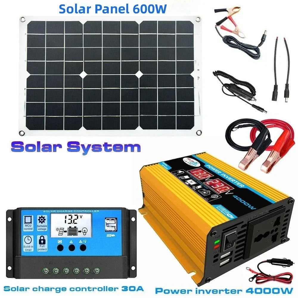 12V to 110V/220V Solar Panel System 12V Solar Panel Battery Charge Controller 4000W Solar Inverter Kit Complete Power Generation