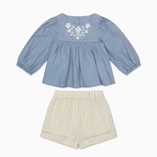 Floral Cotton Blouse & Striped Muslin Shorts Outfit