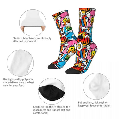 Autumn Winter Hip-hop Men's Women's Superheroes Comic Book Collection Pop Art Quotes Socks Breathable Basketball Socks