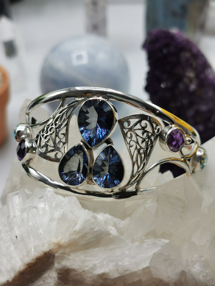 Beautiful Bracelet in Mystic, Amethyst and Blue Topaz stone made in 925 silver, free size | gemstone jewelry | crystal jewelry | quartz - Shwasam