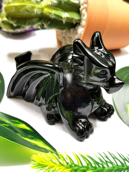 Black Obsidian stone carving of Flying Dragon - Hand carved unique piece - Shwasam