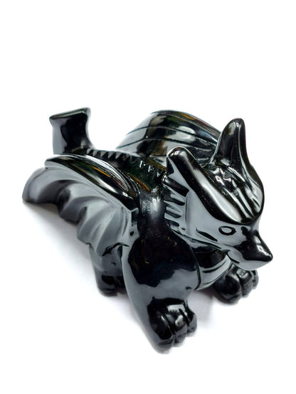 Black Obsidian stone carving of Flying Dragon - Hand carved unique piece - Shwasam