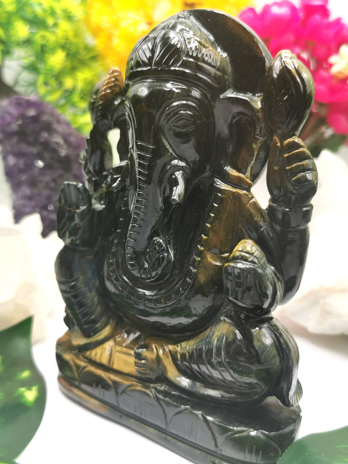 Blue Tiger Eye Handmade Carving of Ganesh - Lord Ganesha Idol | Sculpture in Crystals/Gemstones - Shwasam