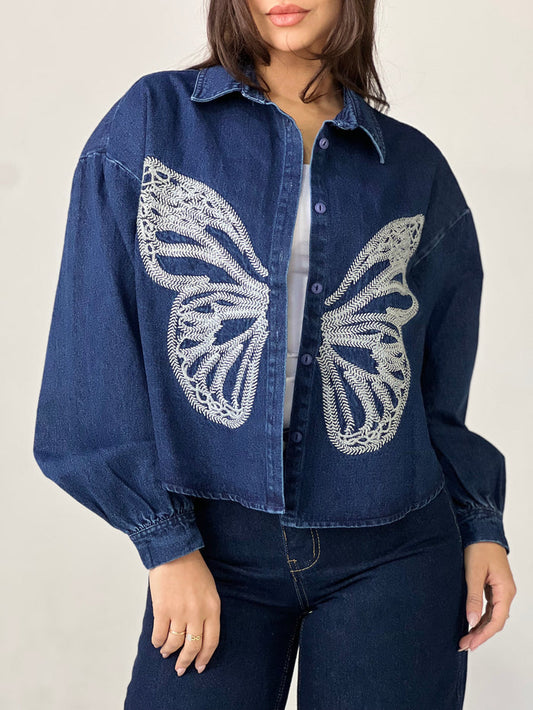 Butterfly Embroidered Summer Oversized Shirt-Dark Blue
