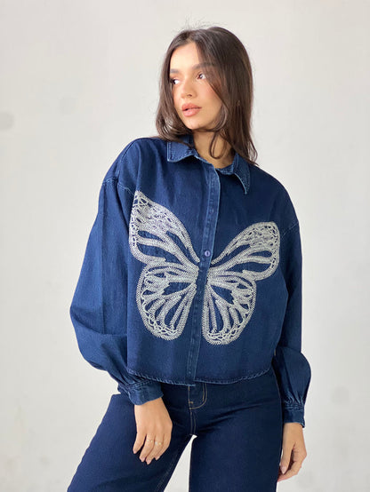Butterfly Embroidered Summer Oversized Shirt-Dark Blue