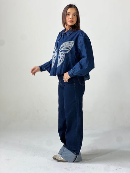 Butterfly Embroidered Summer Oversized Shirt-Dark Blue