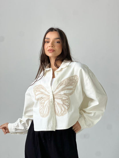 Butterfly Embroidered Summer Oversized Shirt-White