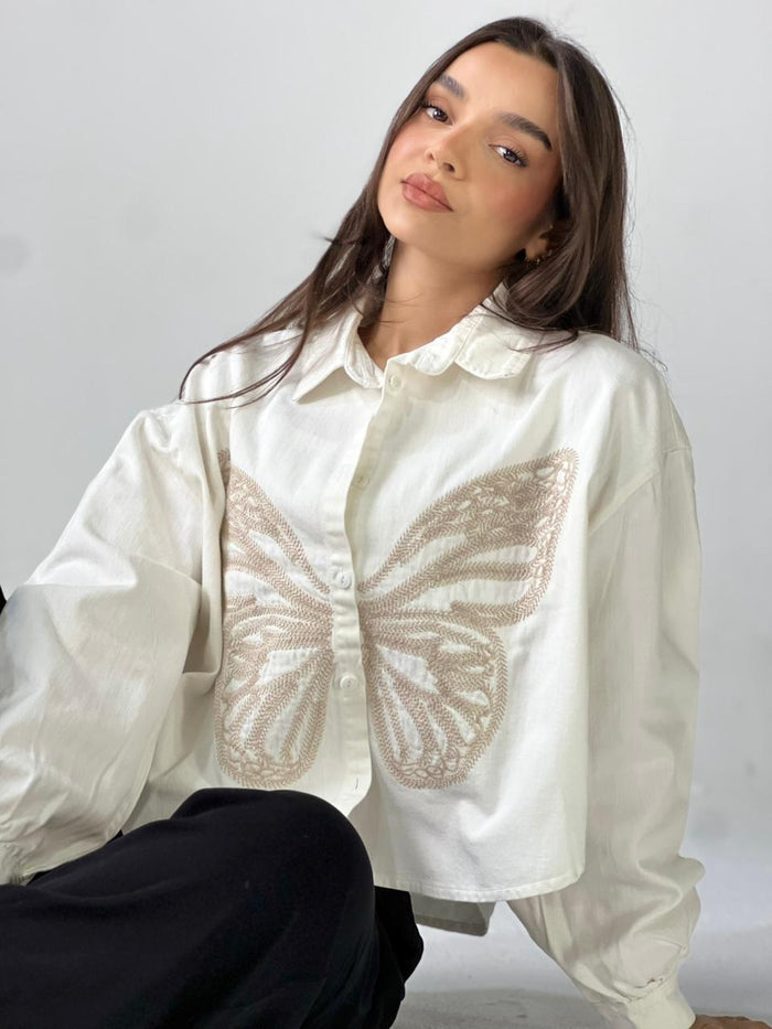 Butterfly Embroidered Summer Oversized Shirt-White