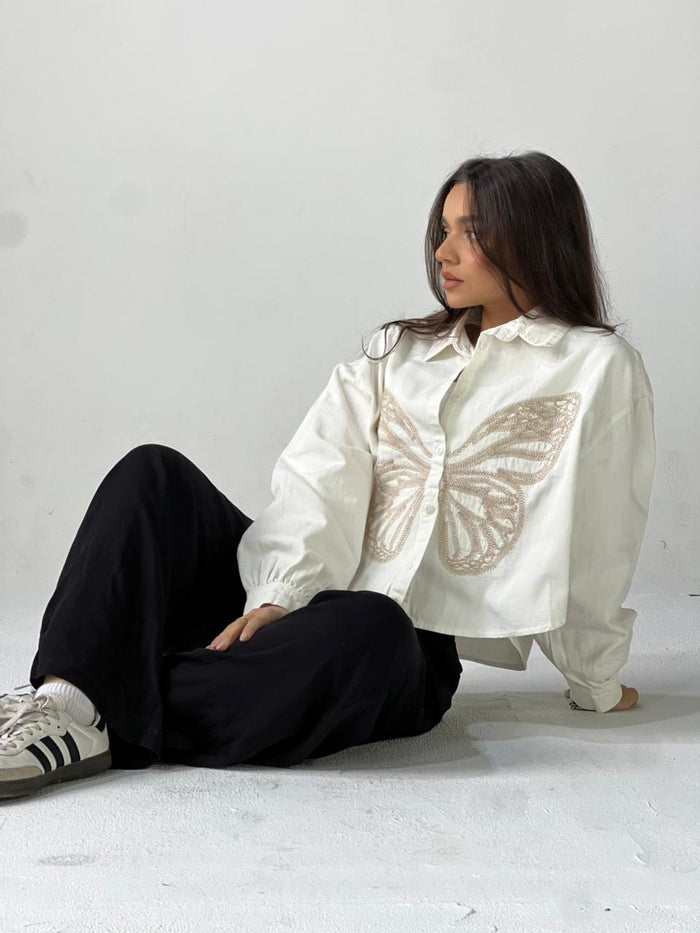 Butterfly Embroidered Summer Oversized Shirt-White