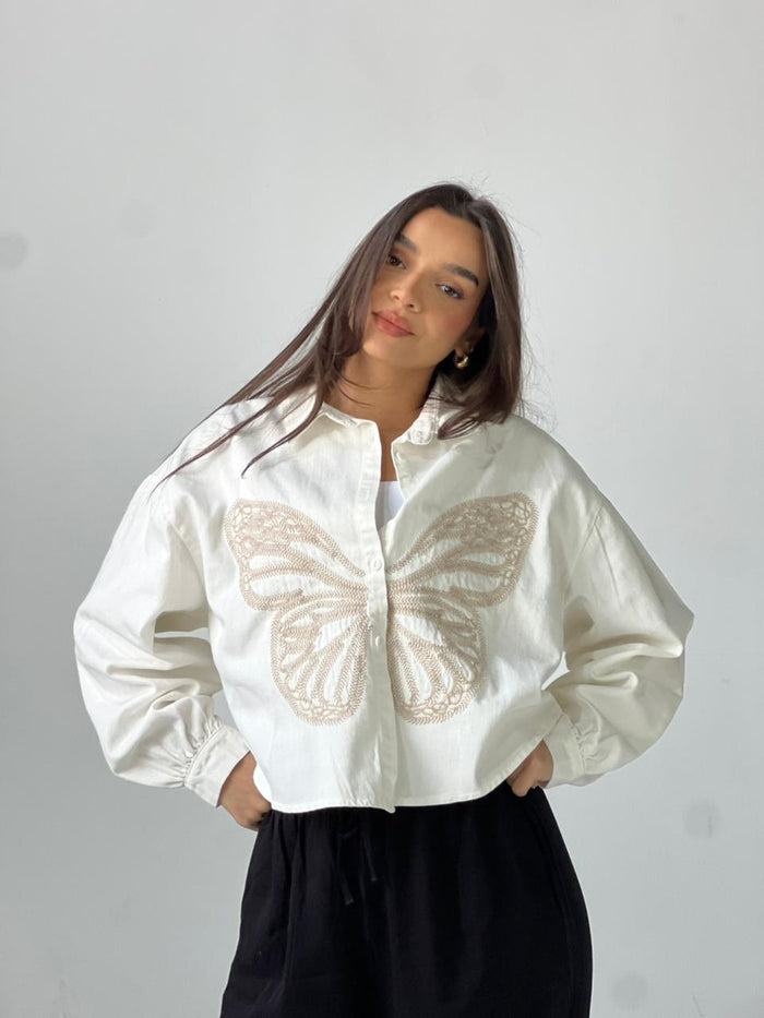 Butterfly Embroidered Summer Oversized Shirt-White