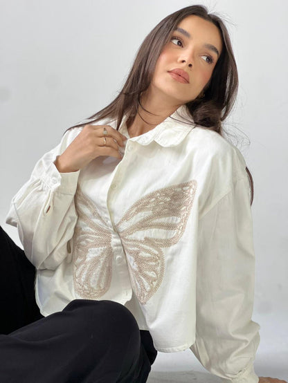 Butterfly Embroidered Summer Oversized Shirt-White