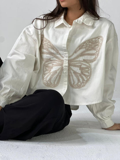 Butterfly Embroidered Summer Oversized Shirt-White