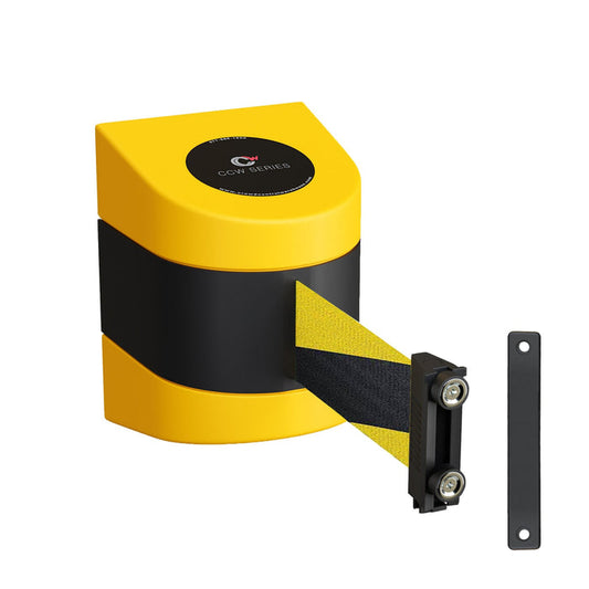 CCW Series WMB 230 - Wall Mounted Retractable Belt Barrier - Yellow Magnetic ABS Case - 20, 25 & 30 Ft. Belts - Crowd Control Warehouse