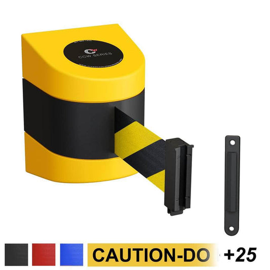 CCW Series WMB - 230 - Wall Mounted Retractable Belt Barrier With Yellow Fixed ABS Case - 20, 25 & 30 Ft. Belts - Crowd Control Warehouse