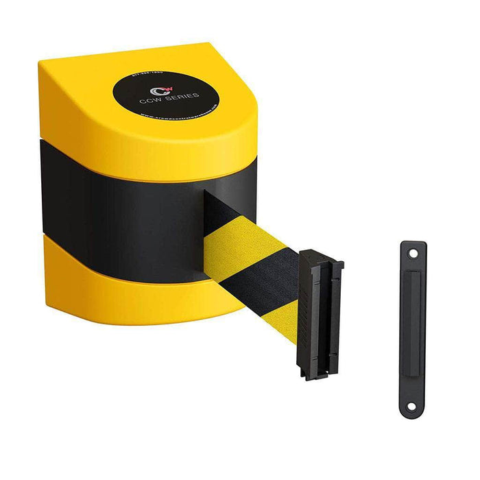 CCW Series WMB - 230 - Wall Mounted Retractable Belt Barrier With Yellow Fixed ABS Case - 20, 25 & 30 Ft. Belts - Crowd Control Warehouse