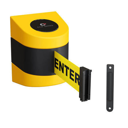 CCW Series WMB - 230 - Wall Mounted Retractable Belt Barrier With Yellow Fixed ABS Case - 20, 25 & 30 Ft. Belts - Crowd Control Warehouse