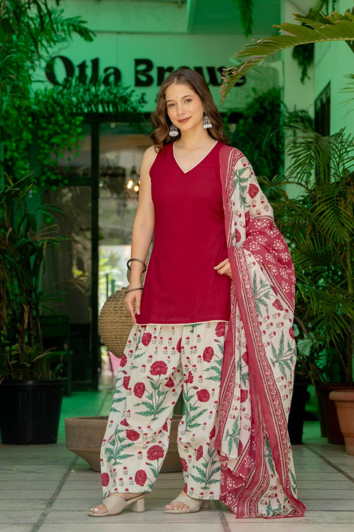 CHERRY RED FARSHI SUIT SET (SLEEVELESS)
