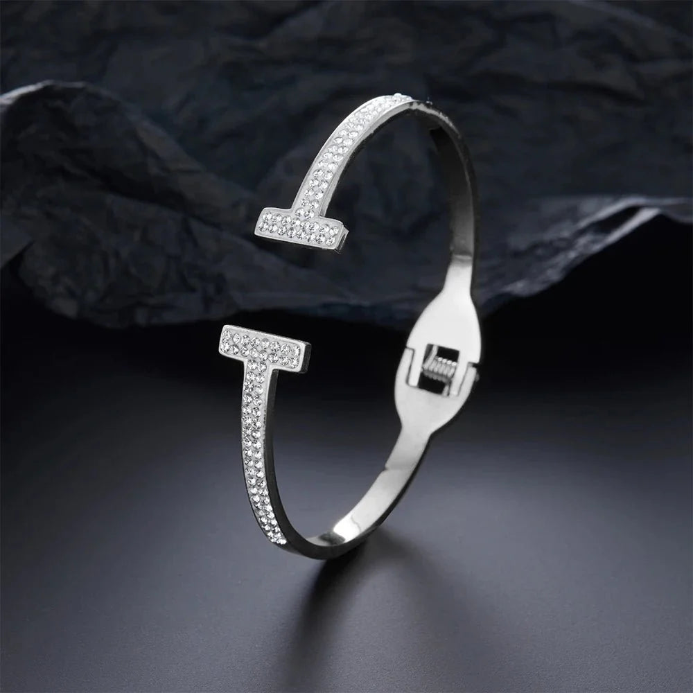 Classic Double T Spring Zirconia Bracelet for Women, High Quality Gold Plated Inlaid Jewelry