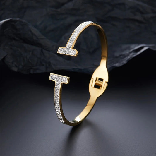 Classic Double T Spring Zirconia Bracelet for Women, High Quality Gold Plated Inlaid Jewelry