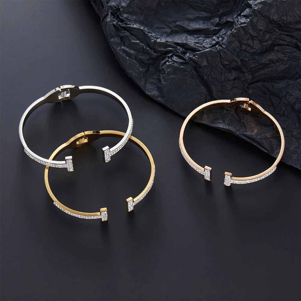 Classic Double T Spring Zirconia Bracelet for Women, High Quality Gold Plated Inlaid Jewelry