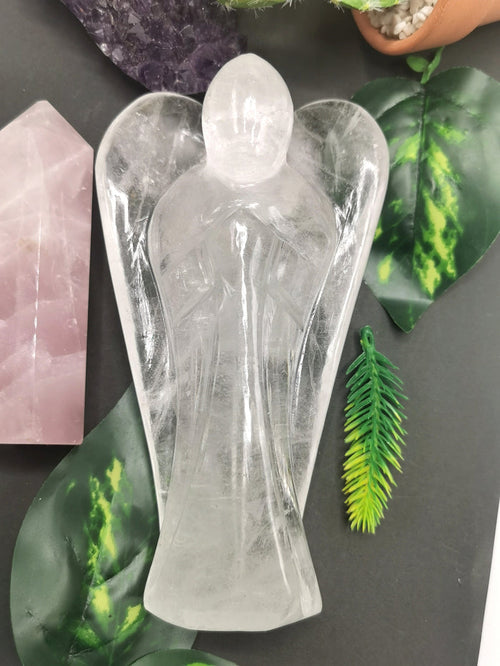 Clear Quartz Angel figurine - Spathik / Crystal Healing / Reiki / Chakra - 6 inches and 625 gms - Shwasam