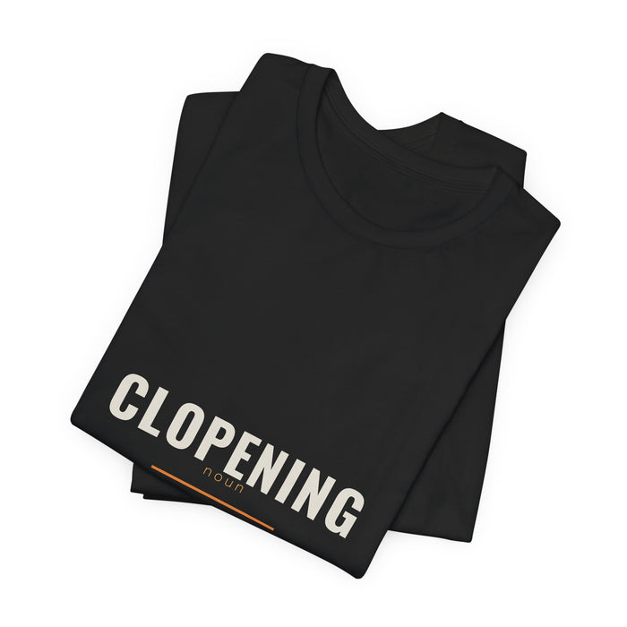 Black Clopening t-shirt folded to show the front print at an angle.