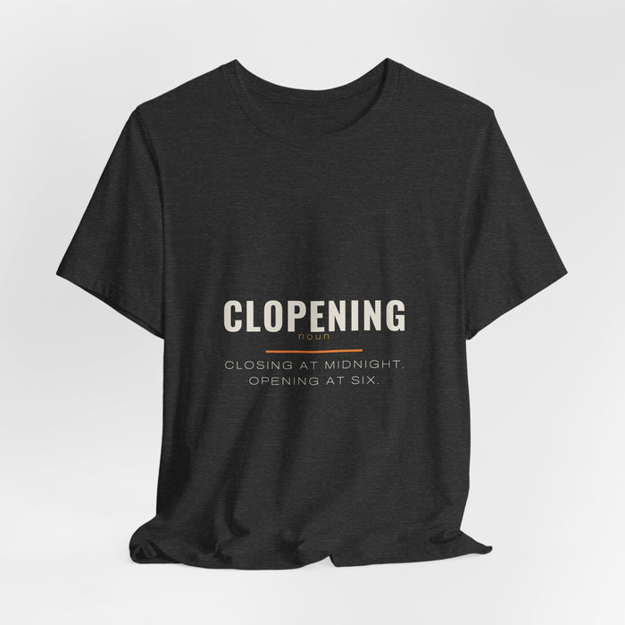 Dark grey heather Clopening t-shirt shown draped, front print visible.