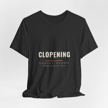 Dark grey heather Clopening t-shirt shown draped, front print visible.