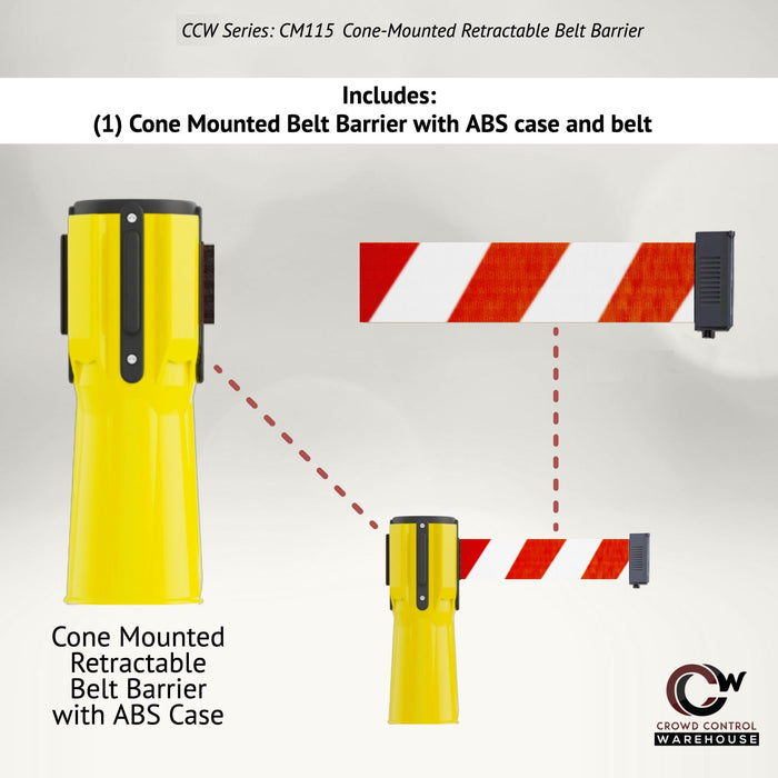 Cone - Mounted Retractable Belt Barrier, 7.5 Ft. Belt - Trafford Industrial - Crowd Control Warehouse