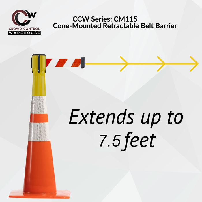Cone - Mounted Retractable Belt Barrier, 7.5 Ft. Belt - Trafford Industrial - Crowd Control Warehouse